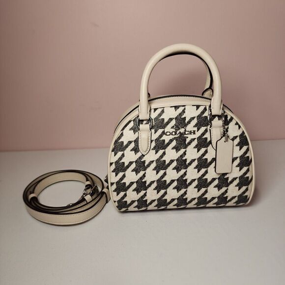 NWT COACH CJ626 SYDNEY SATCHEL HOUNDSTOOTH PRINT BAG CROSSBODY Cream - Picture 3 of 8